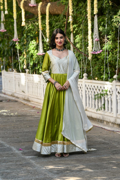White And Green Anarkali Gown- (2Pcs) By SARAS THE LABEL