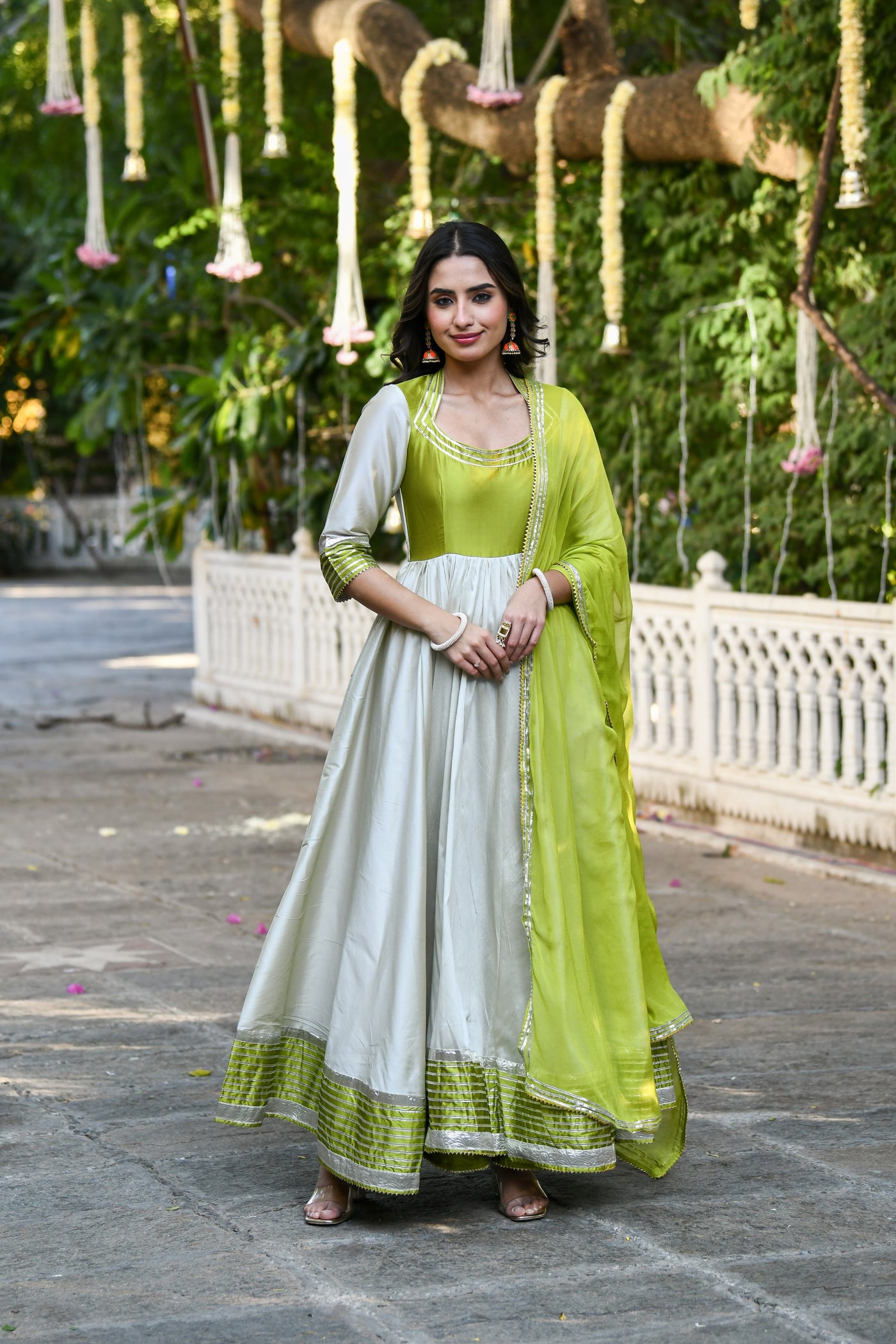 Buy Neha  Tarun White Ivory Anarkali Gown With Dupatta And Belt Online   Aza Fashions