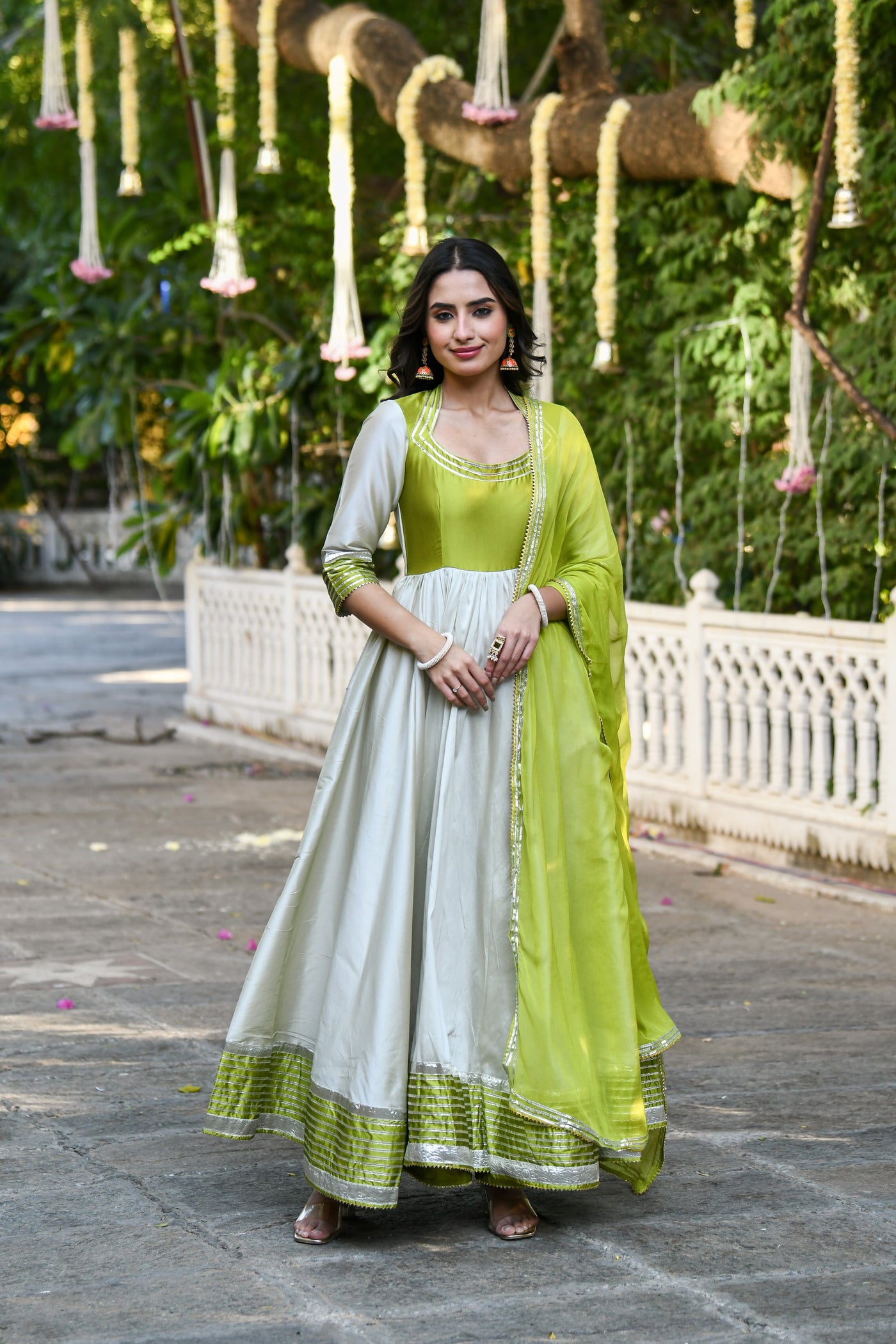 White Anarkali Gown With Dupatta - (2Pcs) By SARAS THE LABEL