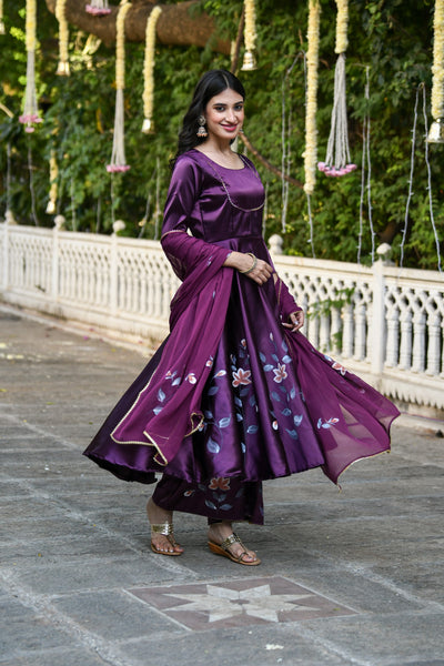 Purple Anarkali Suit Set For Women- (3Pcs) By SARAS THE LABEL