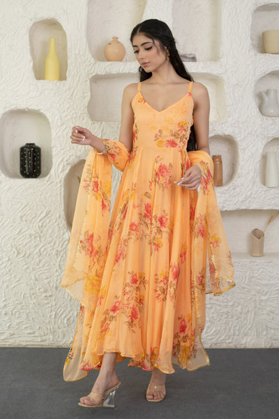Women's Peach Floral Maxi Dress with Dupatta by SARAS THE LABEL- (2 Pc Set)