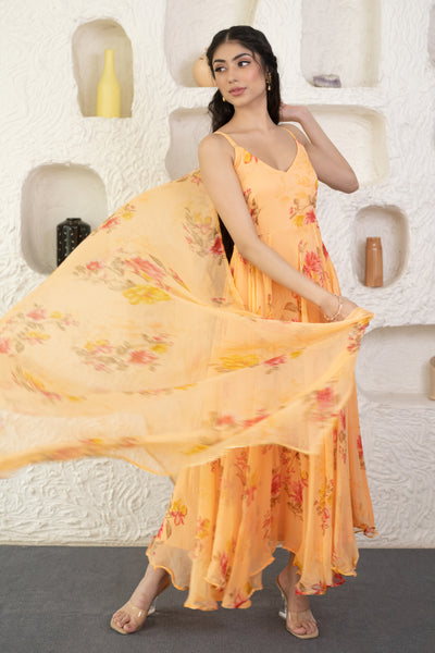 Women's Peach Floral Maxi Dress with Dupatta by SARAS THE LABEL- (2 Pc Set)