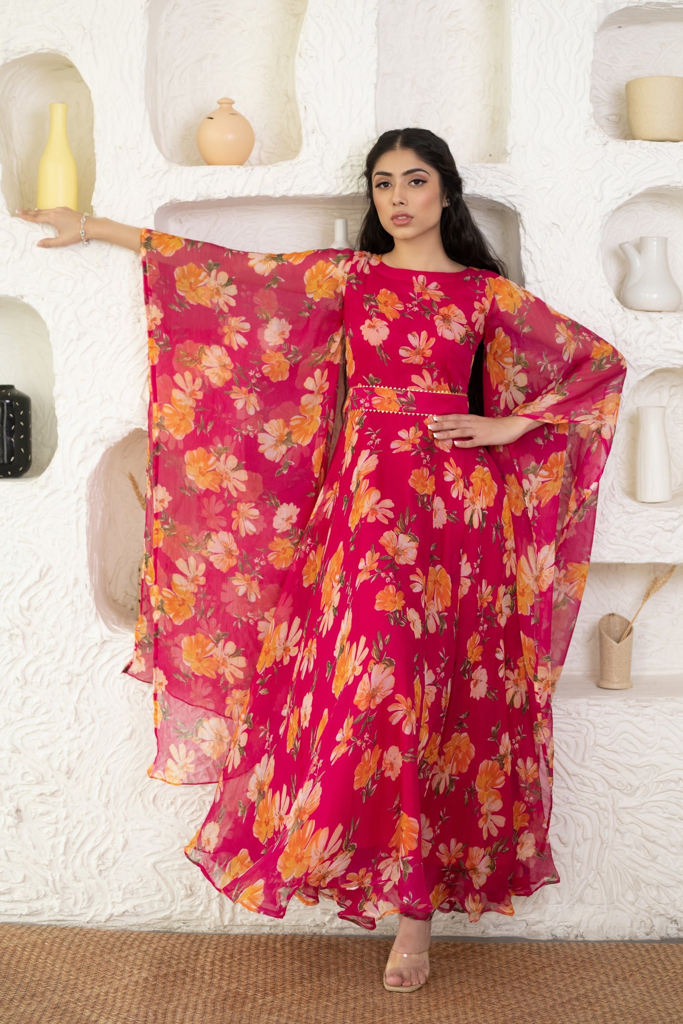 Pink Indo-western maxi dress by Saras the label- 2 pcs set