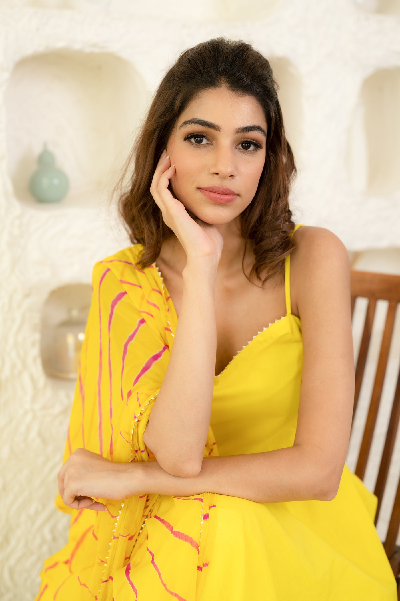 Women's Yellow Maxi Dress with Leheriya Dupatta by Saras The Label ( 2 Pc Set )
