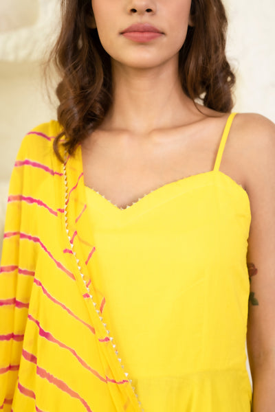 Women's Yellow Maxi Dress with Leheriya Dupatta by Saras The Label ( 2 Pc Set )
