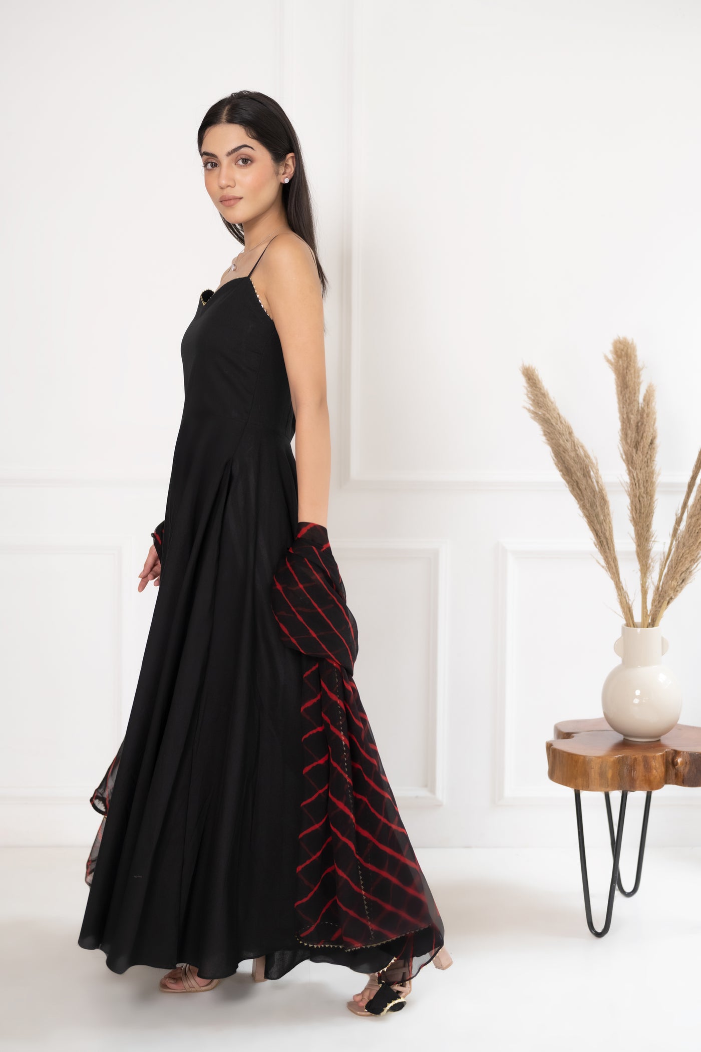 Women's Black Maxi Dress With Leheriya Dupatta set by SARAS THE LABEL- (2pcs set)