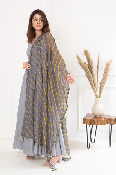 Women's Grey Maxi Dress With Leheriya Dupatta set by SARAS THE LABEL- (2pcs set)
