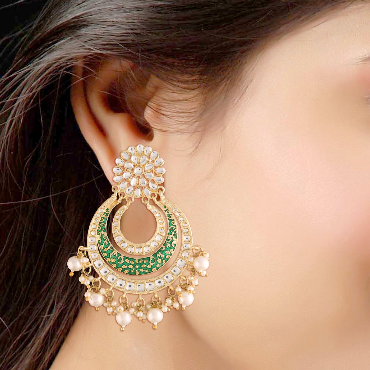 Women's  Gold Plated Alloy Kundan Stones & Pearl Green Earrings  - i jewels