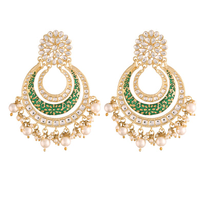 Women's  Gold Plated Alloy Kundan Stones & Pearl Green Earrings  - i jewels