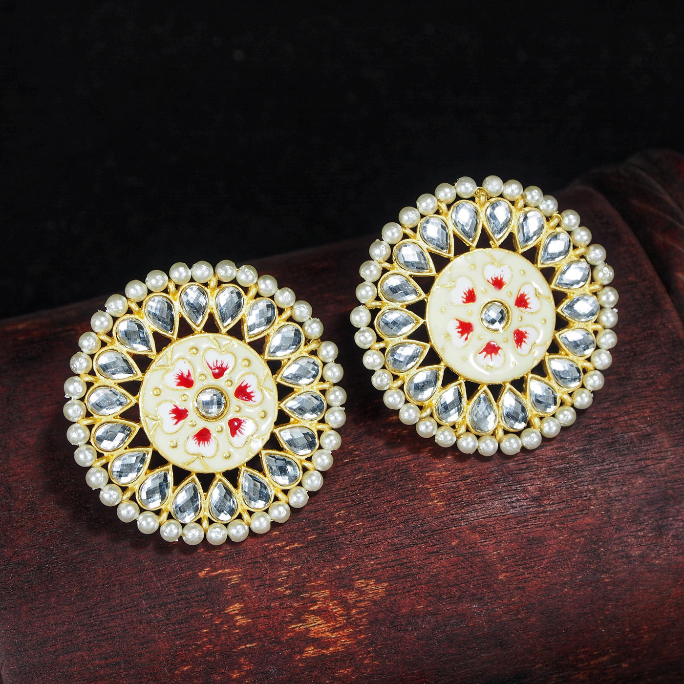 Women's  Gold Plated Round Kundan Pearl Meena Work Handcraft Cream Stud Earring  - i jewels