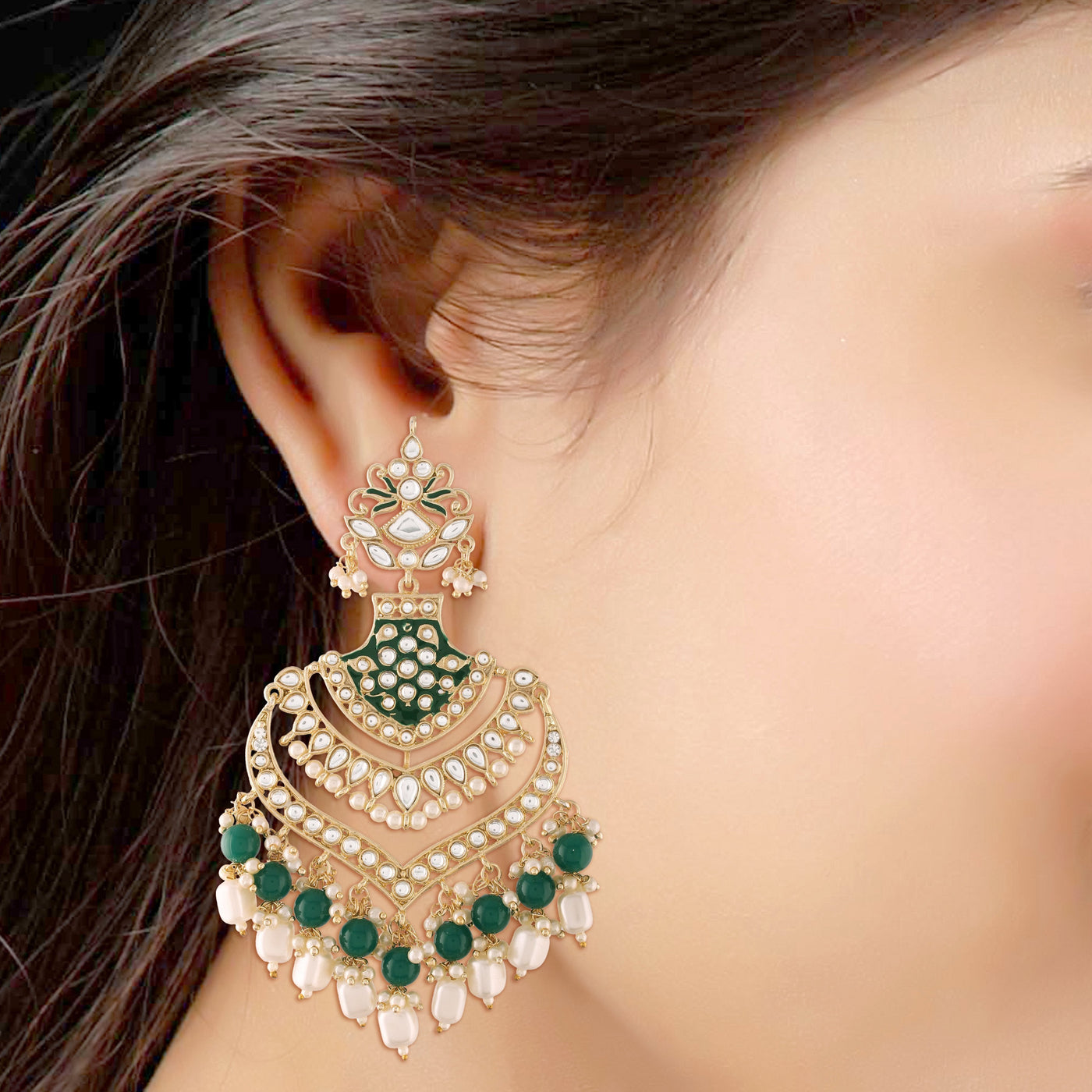 Women Golden and Green Kundan and Beads Earrings by I Jewels (1 Pc Set)