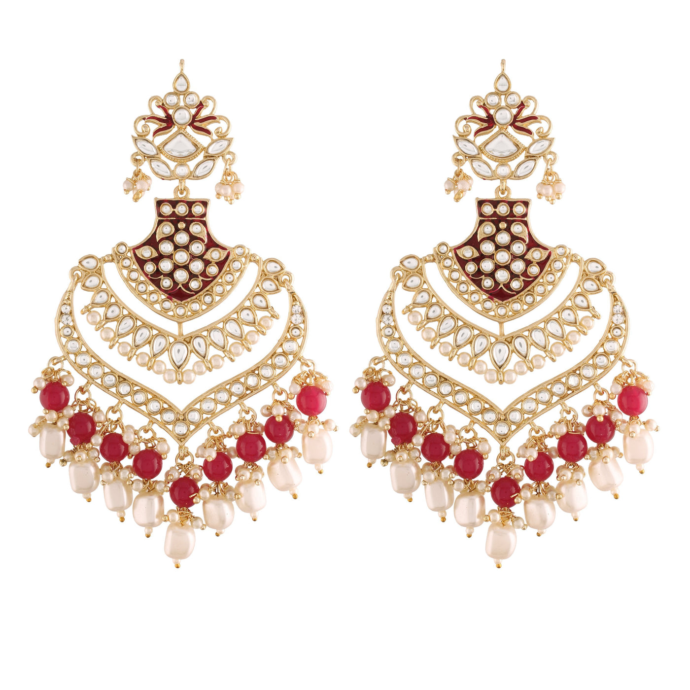 Women's  Maroon Gold Plated Enamel Glided With Kundans & Pearls Long Earrings - i jewels