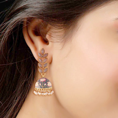 Women's 18k gold plated grey enamelled leaf shaped jhumki earringse2922gr - I Jewels