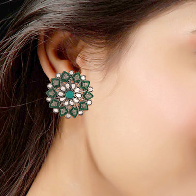 Women's  Silver Oxidized Green  Kundan Studded Meena Work Designer Circular Stud Earrings - i jewels