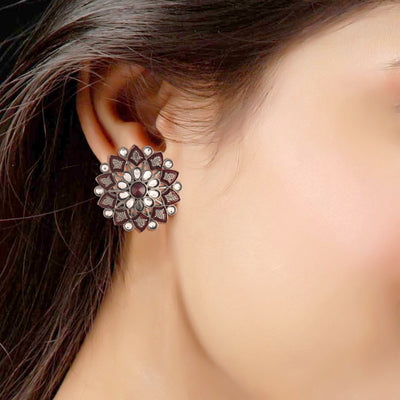 Women's  Silver Oxidized Maroon  Kundan Studded Meena Work Designer Circular Stud Earrings - i jewels