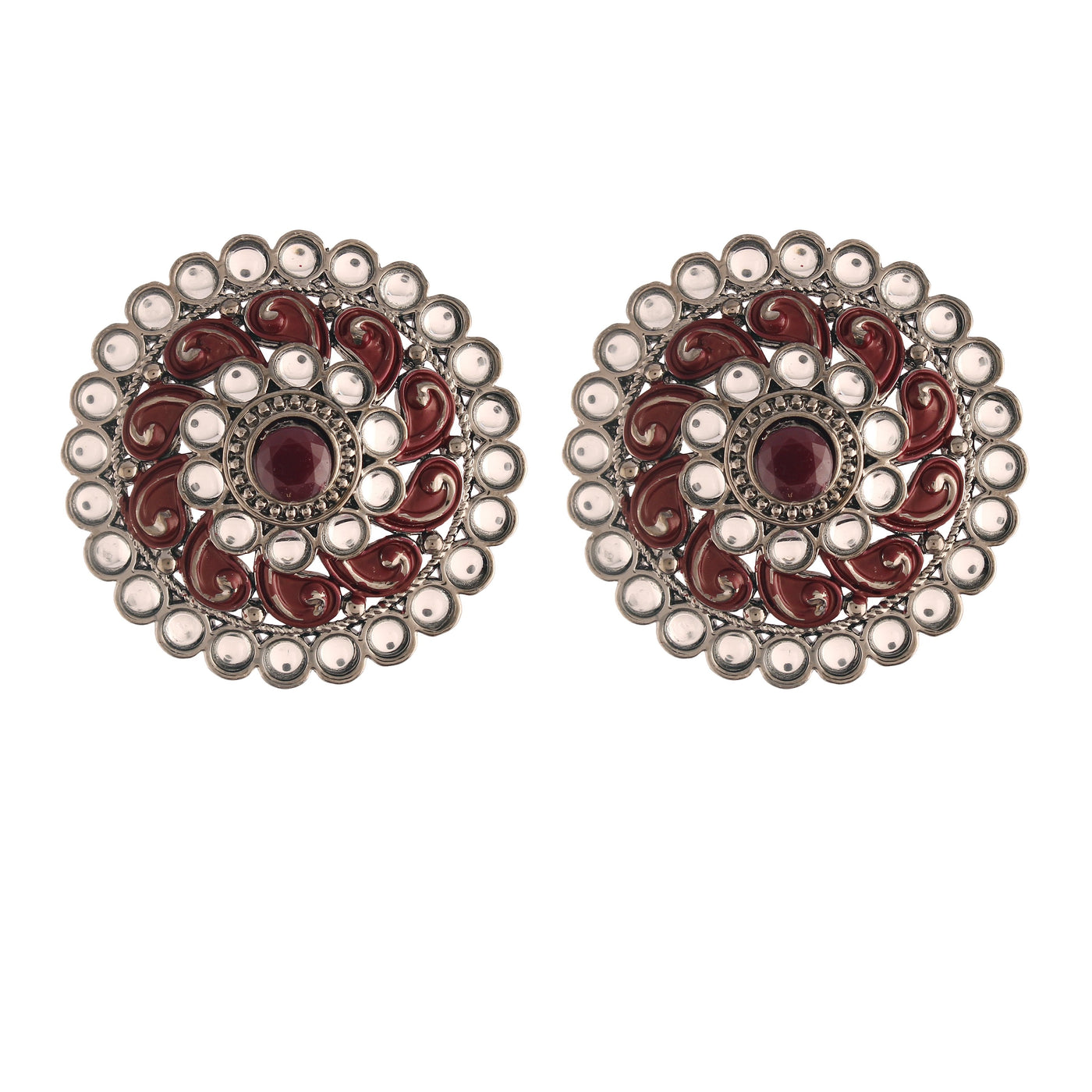 Women's  Maroon Silver Oxidized Kundan Studded Meena Work Designer Circular Stud Earrings - i jewels