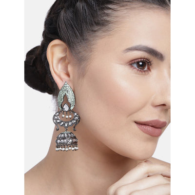 Women's I Jewels 18K Silver Oxidised Traditional Meenakari Kundan & Stone Studded Jhumka Earrings (E2949Zmin) - I Jewels