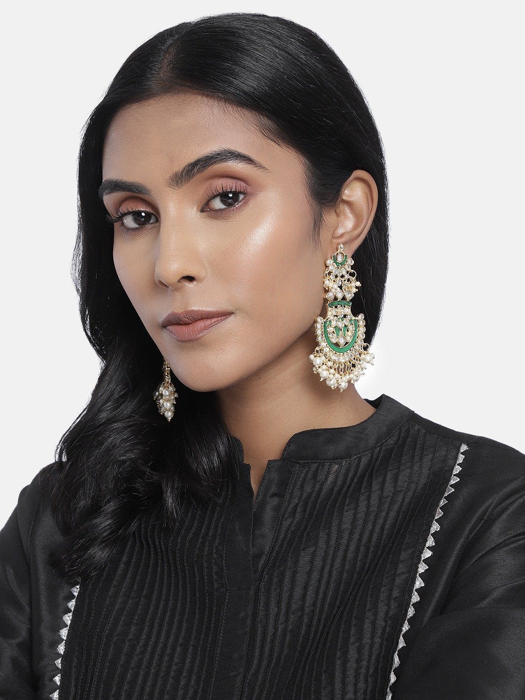 Women's  Gold Plated Green  Meenakari Earrings Glided With Kundans & Pearls  - i jewels