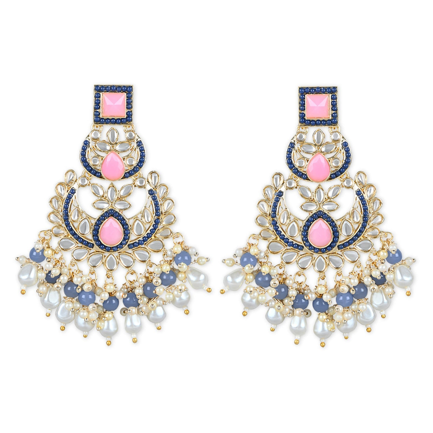 Women's 18K Gold Plated Traditional Handcrafted Pearl Kundan Beaded Earrings (E3021Pemt) - I Jewels