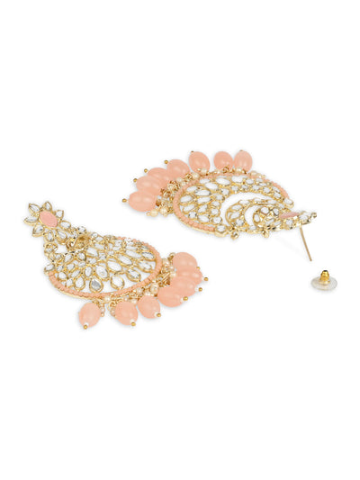 Women's 18K Gold Plated Traditional Handcrafted Pearl Kundan Beaded Chandbali Earrings (E3028Pe) - I Jewels