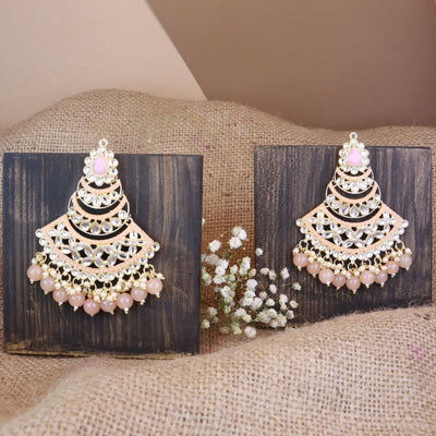 Women's 18K Gold Plated Traditional Handcrafted Pearl Kundan Beaded Chandbali Earrings (E3032Pe) - I Jewels