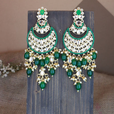 Women's 18K Gold Plated Traditional Handcrafted Pearl Kundan Beaded Chandbali Earrings (E3053G) - I Jewels