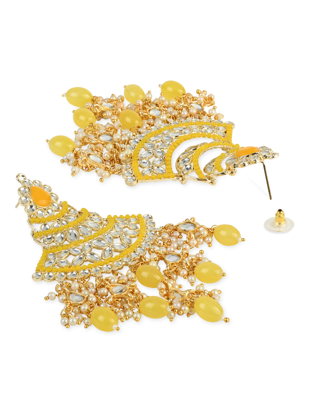 Women's 18K Gold Plated Traditional Handcrafted Pearl Kundan Beaded Chandbali Earrings (E3055Y) - I Jewels