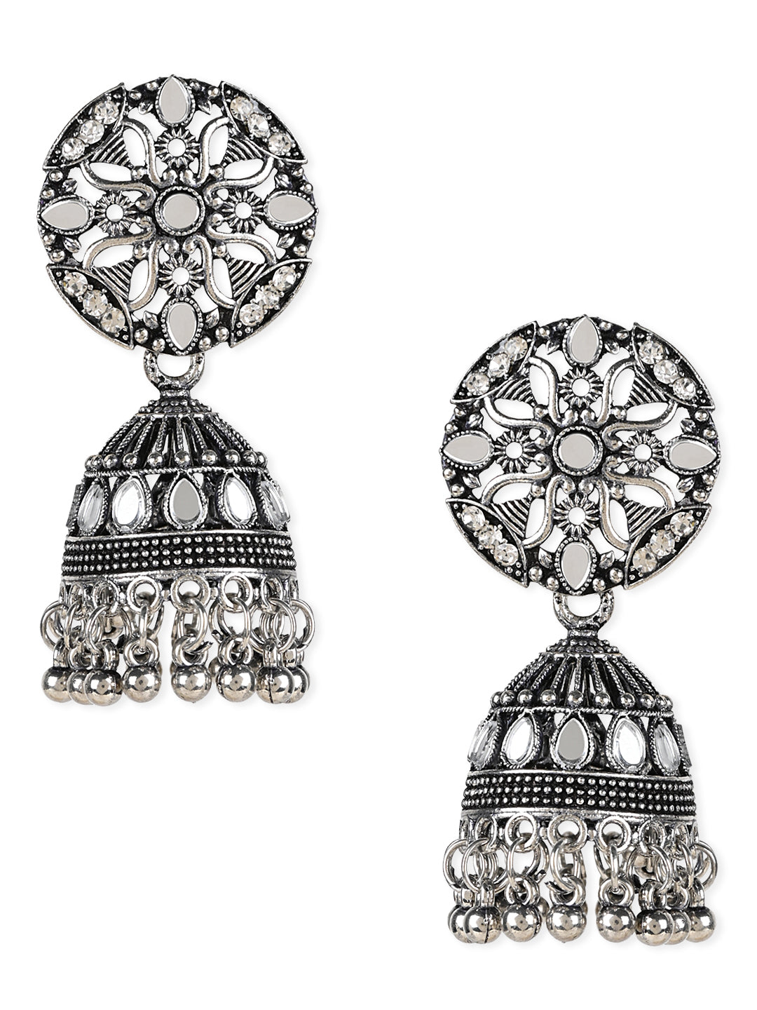 Women's 18K Silver Oxidised Traditional Kundan & Stone Studded Jhumka Earrings (E3063Ox) - I Jewels