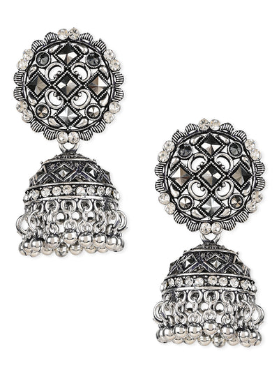 Women's 18K Silver Oxidised Traditional Kundan & Stone Studded Jhumka Earrings (E3064Ox) - I Jewels