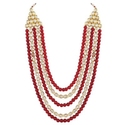 Women's gold plated kundan beads multi strand necklace set with earrings ij318pi - I Jewels