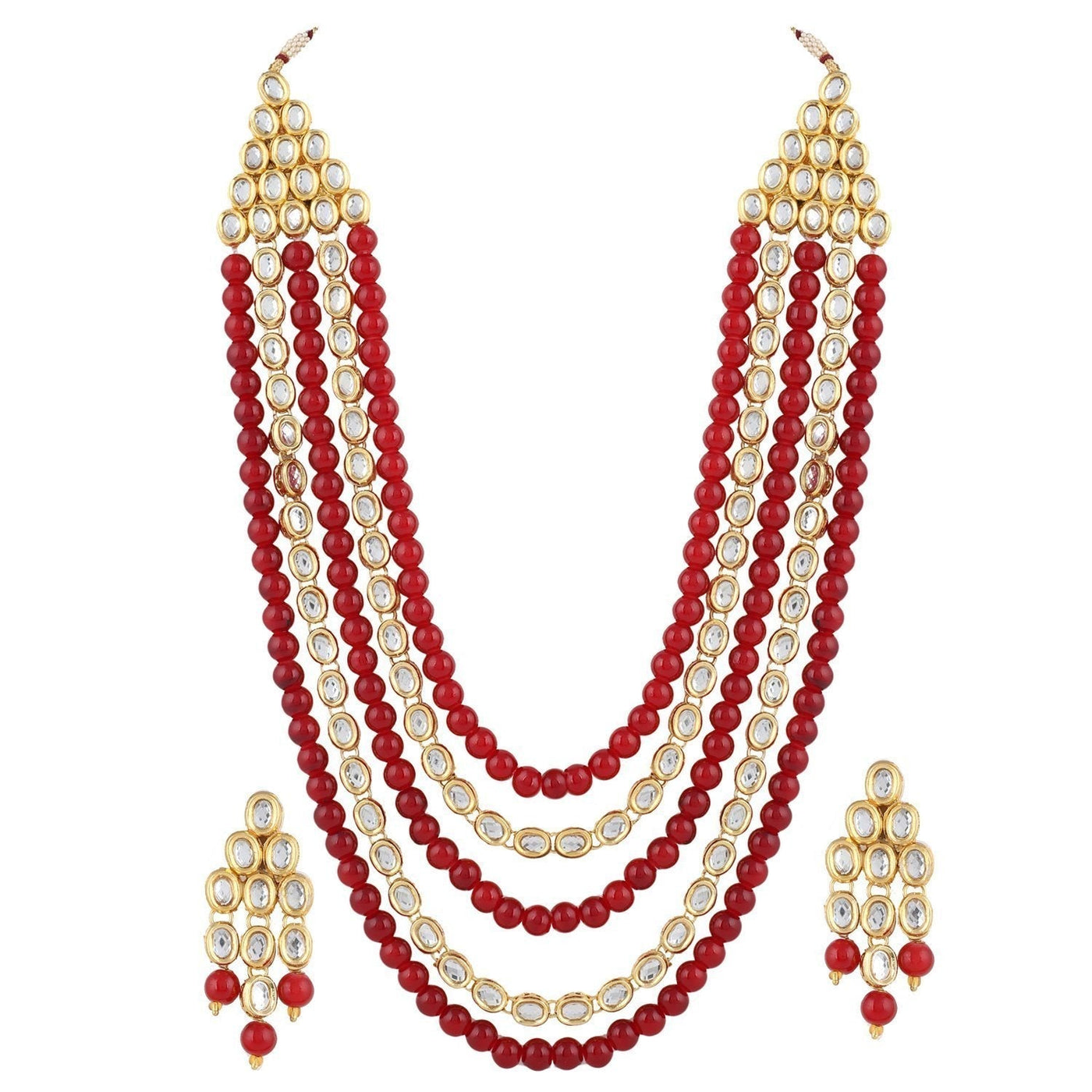 Women's gold plated kundan beads multi strand necklace set with earrings ij318pi - I Jewels