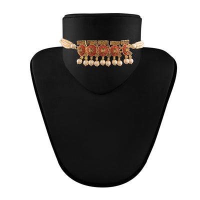 Women's 18k Gold Plated Red Meenakari Choker Set Glided With Pearls  - I Jewels