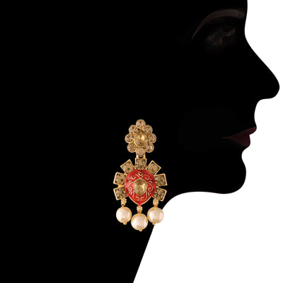 Women's 18k Gold Plated Red Meenakari Choker Set Glided With Pearls  - I Jewels