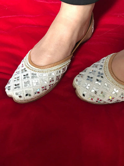 Women's White Mirror Work Leather Embroidered Indian Handcrafted Ethnic Comfort Footwear - Saras The Label