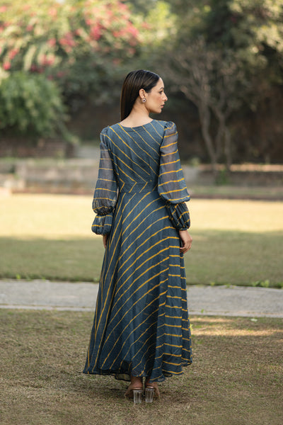 Women's Grey Leheriya Chiffon Dress by SARAS THE LABEL (1 Pc Set)