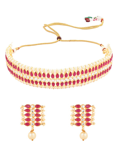 Women's 18k Gold Plated Traditional Peach Pearl & Kundan Studded Choker Necklace Jewellery Set  - I Jewels