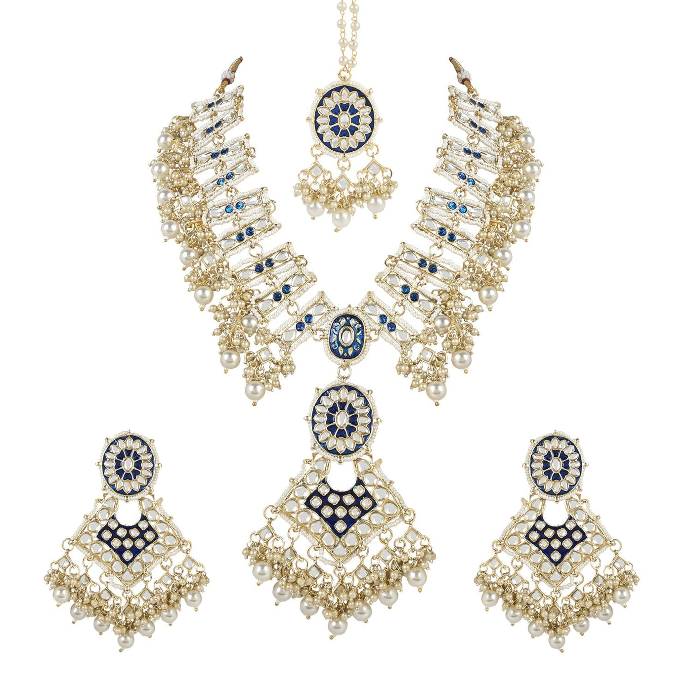 Women's 18k Gold Plated Traditional Pearl Kundan Studded Meenakari Necklace With Earring Maang Tikka Set  - I Jewels
