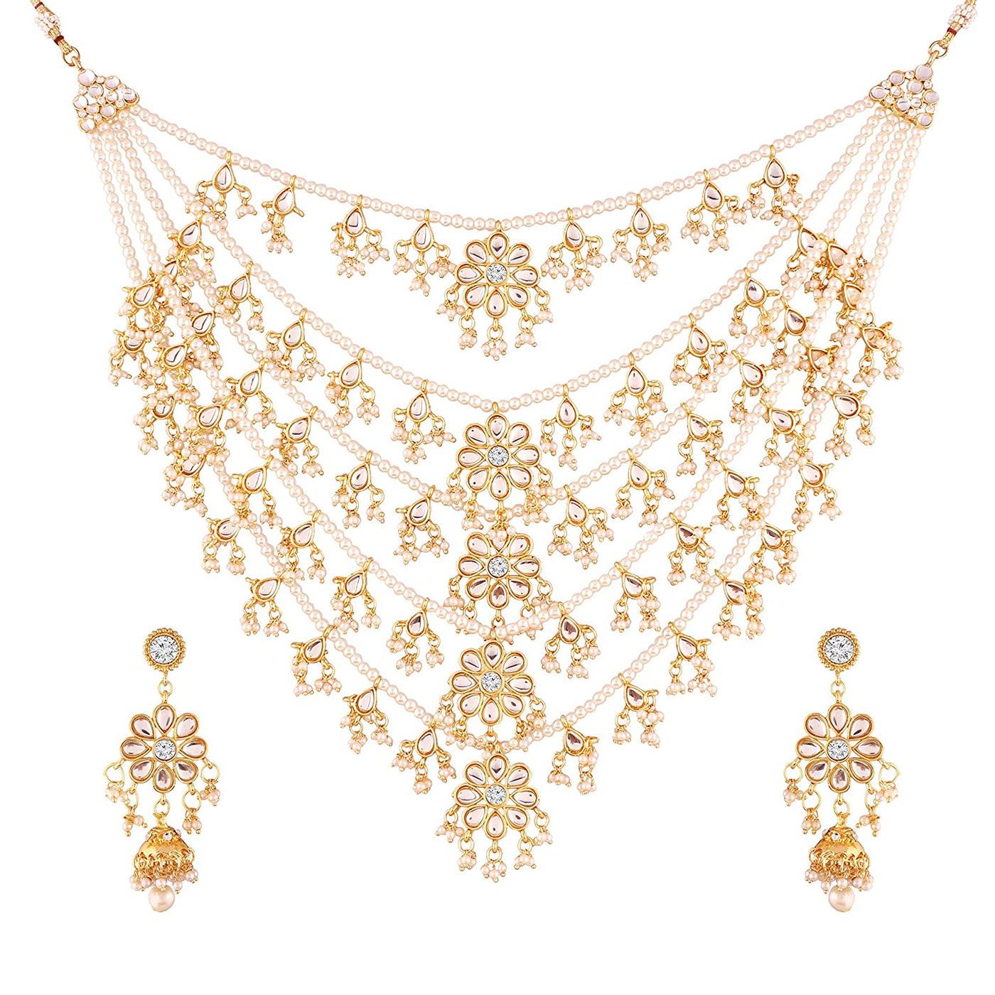 Women's Gold Plated Multi Strand Floral Kundan & Pearl Beaded Necklace Set - i jewels