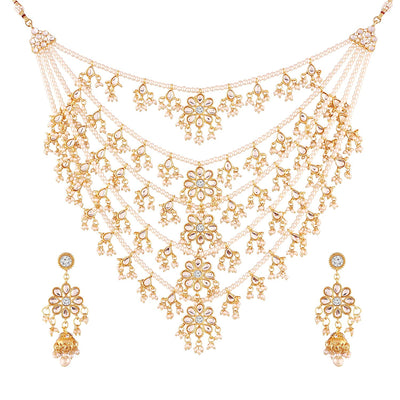 Women's Gold Plated Multi Strand Floral Kundan & Pearl Beaded Necklace Set - i jewels