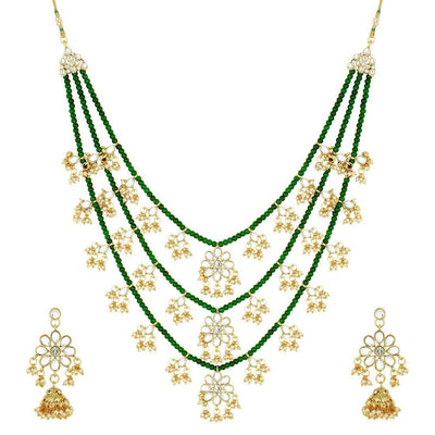 Women's 3 Layered Multi Strand Floral Green Kundan & Pearl Beaded Necklace - i jewels