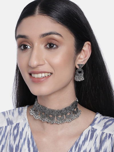 Women's Oxidised Silver Plated Afghani Choker Necklace Jewellery Set - I Jewels