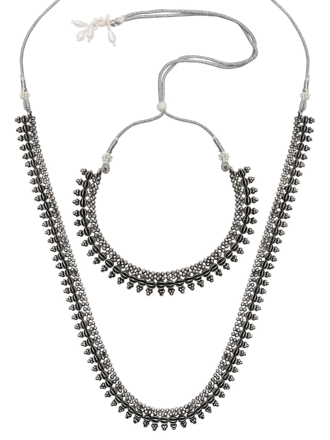 Women's 18K Silver Oxidised Traditional Style Necklace With Choker & Earrin - I Jewels