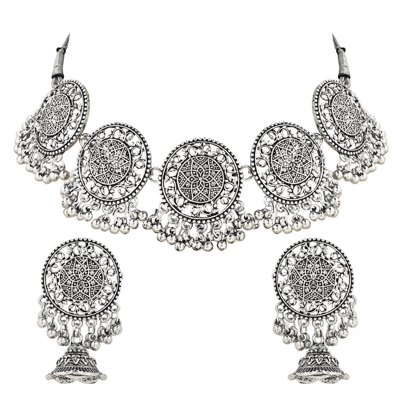 Women's Antique Silver Oxidized Ethnic Traditional Afghani Choker Necklace Jewellery Set  - I Jewels