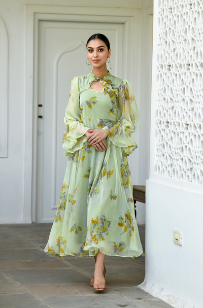 Olive Flower Print Gown (1Pc) By SARAS THE LABEL