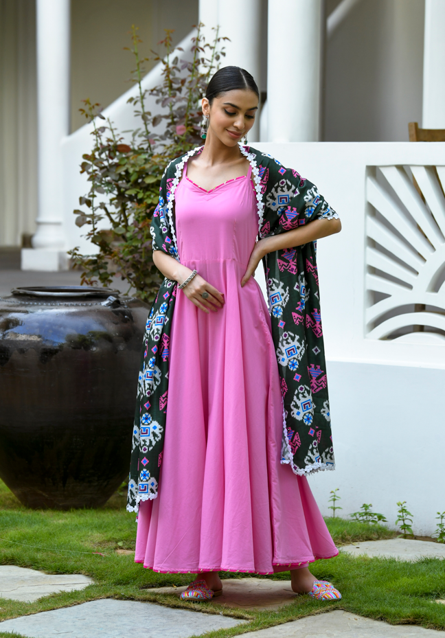 Pink Suit Set With Patola Dupatta (3Pc) By SARAS THE LABEL
