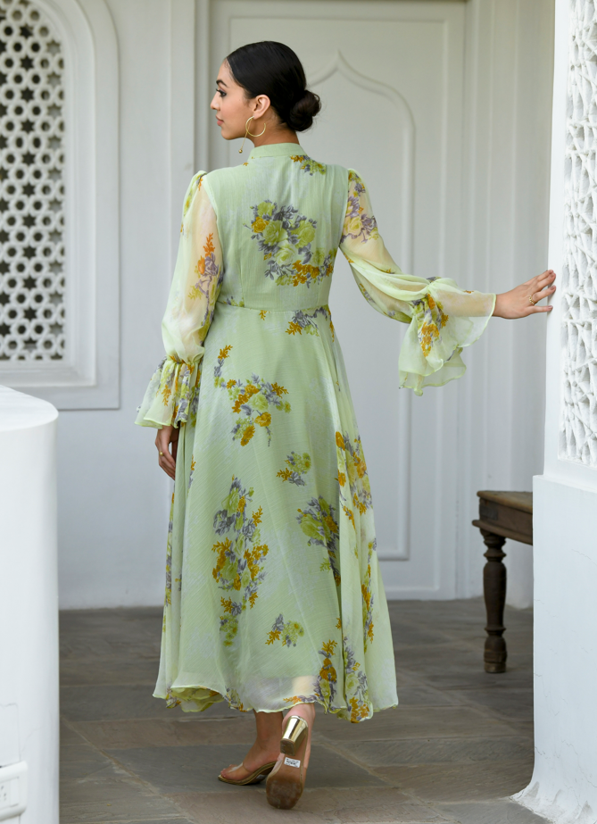 Olive Flower Print Gown (1Pc) By SARAS THE LABEL
