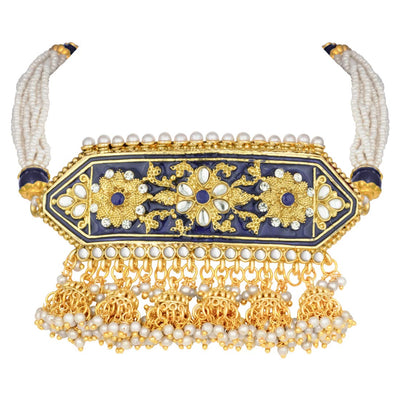 Women's traditiona lgold plated kundan pearl meena work choker jewellery set with jhumkis ml185g - I Jewels