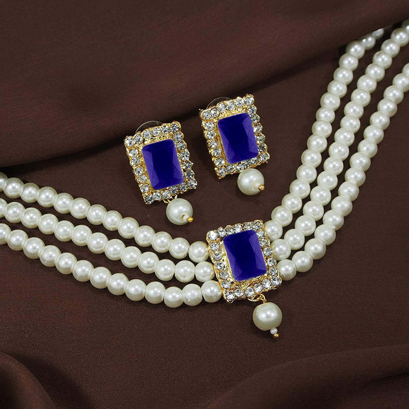 Women's  Gold Plated Handcrafted Sapphire Stone Beaded Choker Necklace Jewellery Set With Earrings  - i jewels