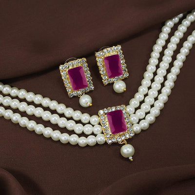 Women's  Gold Plated Handcrafted Ruby Stone Studded Pearl Choker Necklace Jewellery Set With Earrings  - i jewels