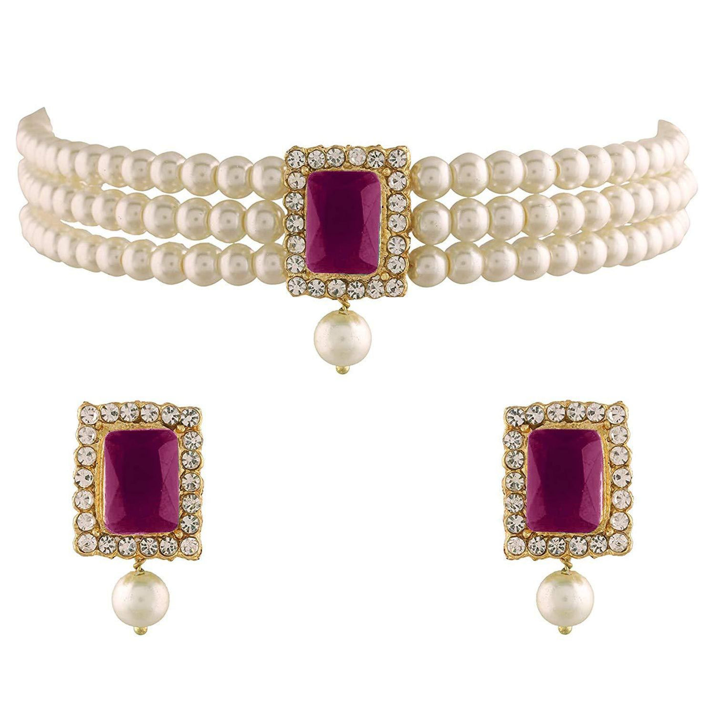 Women's  Gold Plated Handcrafted Ruby Stone Studded Pearl Choker Necklace Jewellery Set With Earrings  - i jewels
